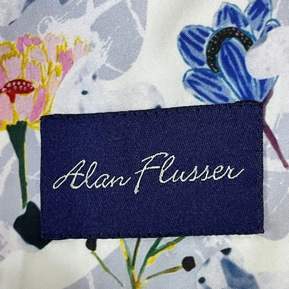 Alan Flusser Sport Coat Mens 40R Blue Linen Blend Windowpane Plaid Floral Blazer